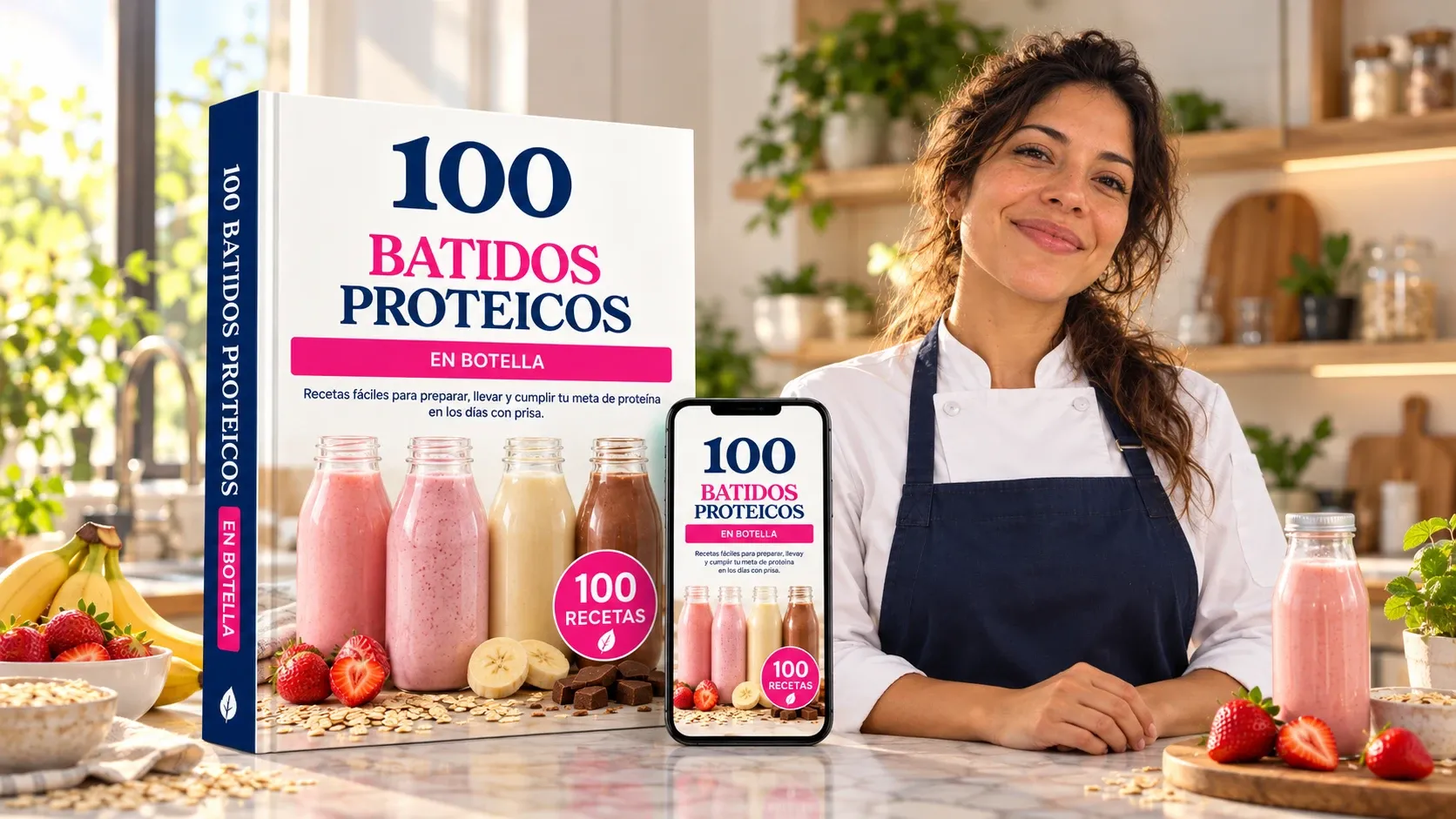 E-book 100 Batidos Proteicos en Botella en libro y celular, junto a su autora Camila Torres
